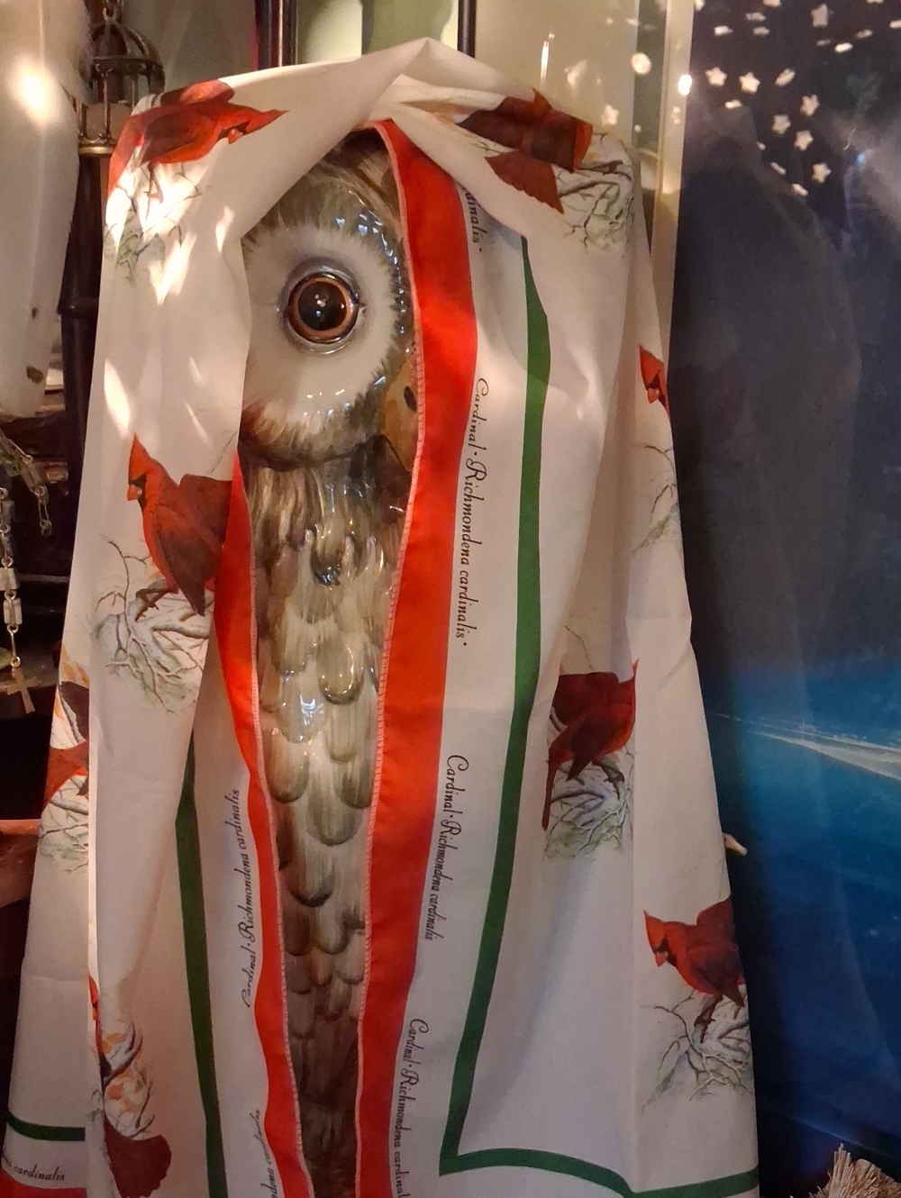 Bird Print Scarf with Cardinal Motif - Cream, Red & Green